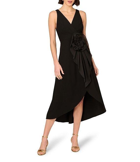 Aidan Mattox Double V-neck 3D Flower Knit Crepe Hi low Faux Wrap Midi Dress Product Image