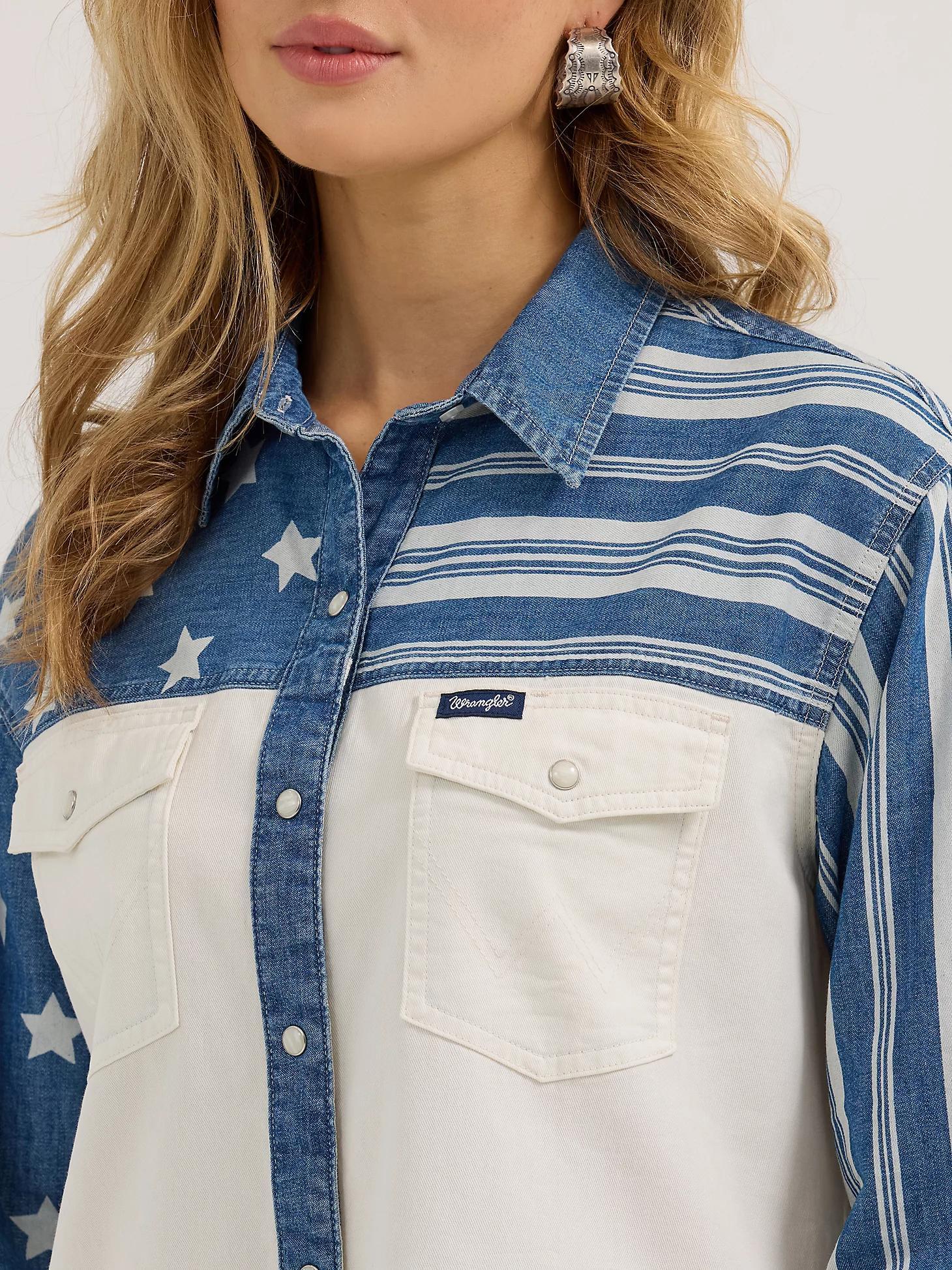 Women's Wrangler Pieced Boyfriend Denim Western Snap Shirt | Women's TOPS | Wrangler® Product Image