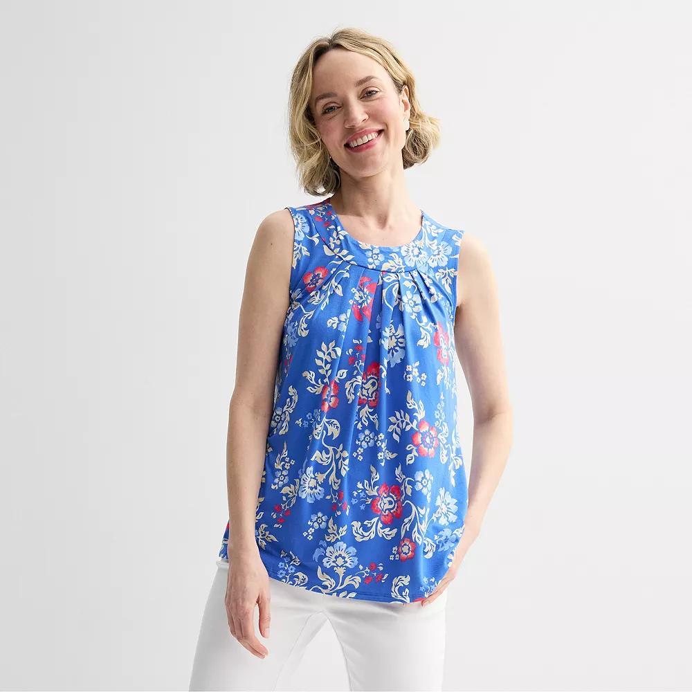 Petite Croft & Barrow Pleated Tank Top, Womens Blue Texture Palms Product Image