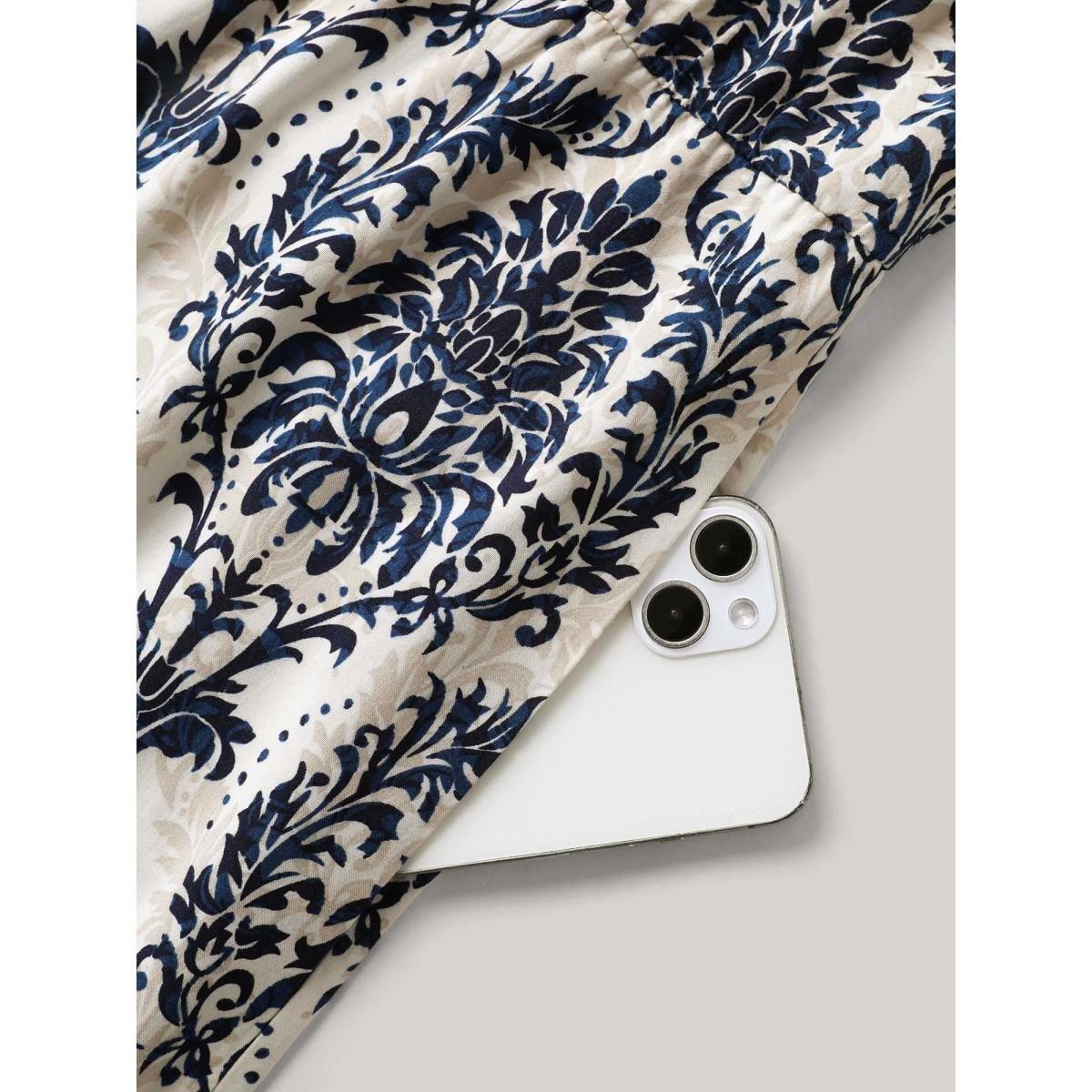 Plus Size DarkBlue Rayon Damask Print Stretchy Waist Jumpsuit Women Sleeveless Halter neck Vacation Loose Jumpsuits BloomChic 28/5X Product Image