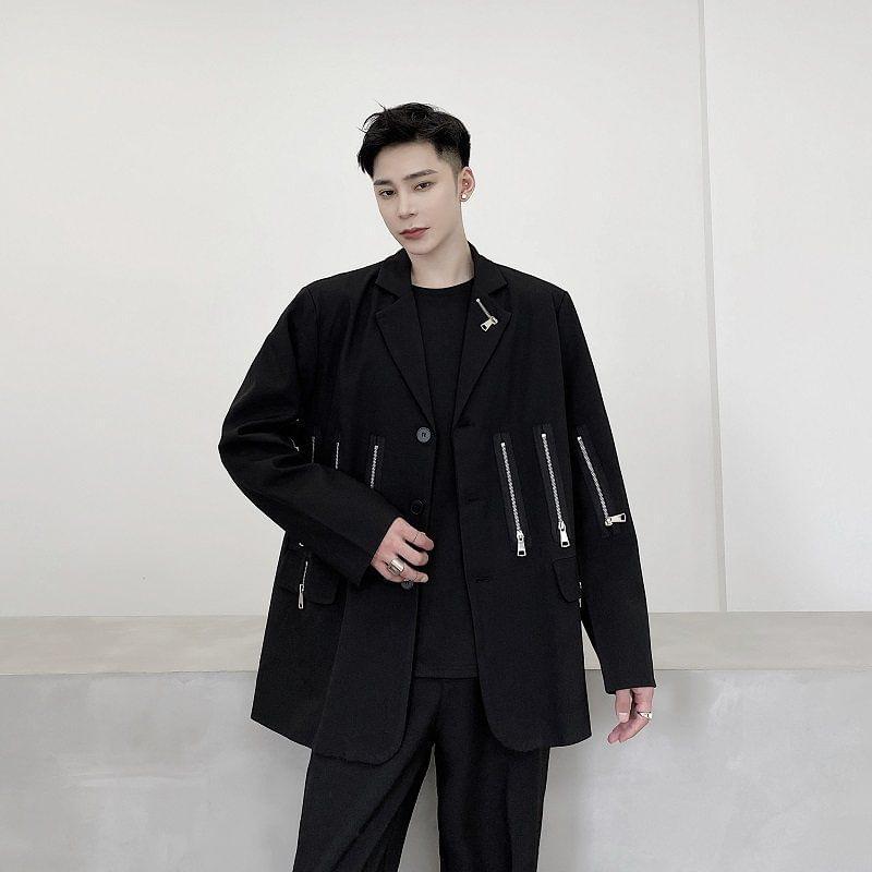 Plain Zip Detail Single-Breasted Blazer Product Image