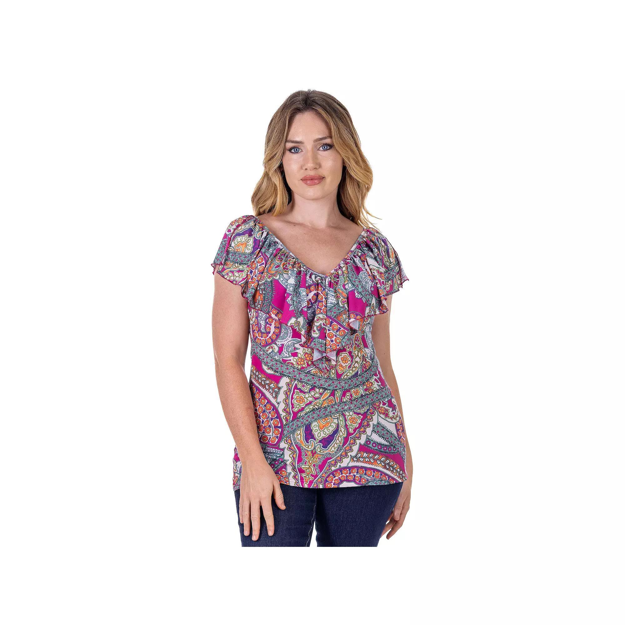 Women's 24Seven Comfort Apparel Paisley Print Ruffle V Neck Top, Size: Large, Pink Team Product Image