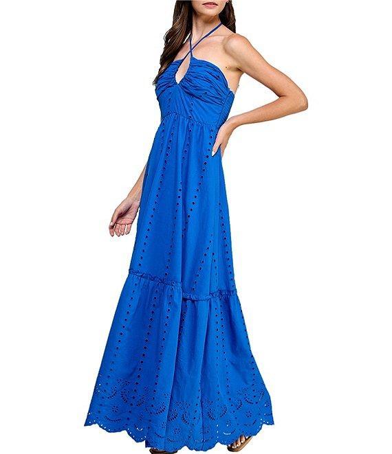 Layered With Love Daisy Keyhole Halter Sleeveless Smocked Back Shirred Bust Cotton Eyelet Maxi Dress Product Image