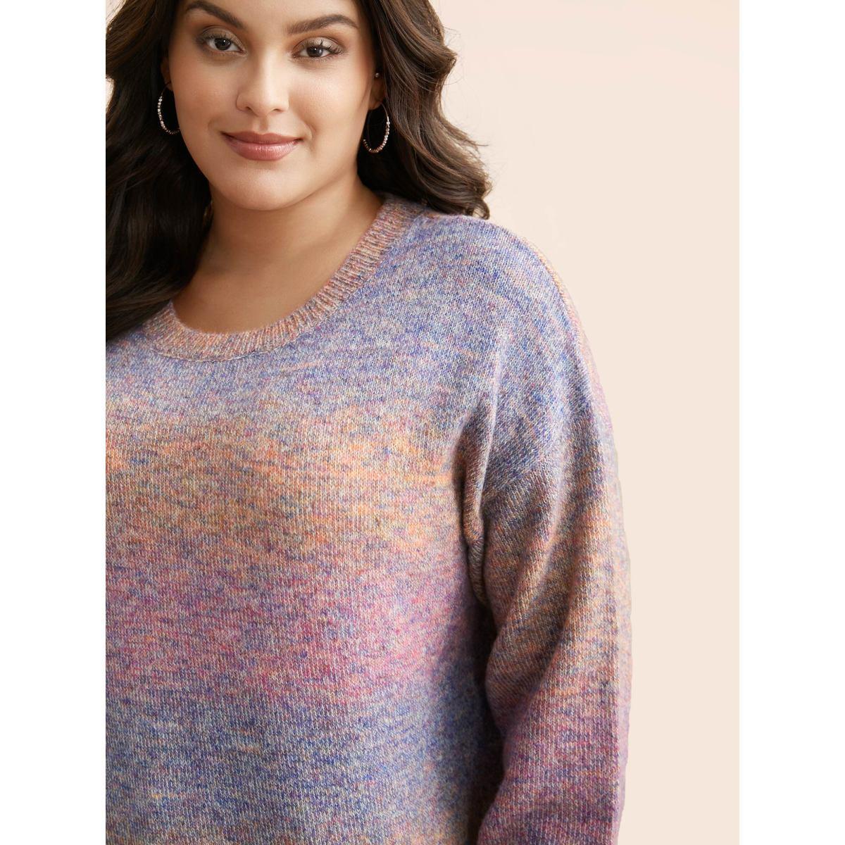 Plus Size Gradient Dyeing Round Neck Slit Hem Pullover Multicolor Women Casual Loose Long Sleeve Round Neck Everyday Pullovers BloomChic 12/L Product Image