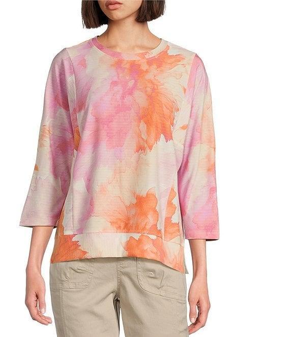 Westbound Watercolor Dahlia Knit 3/4 Sleeve Crew Neck Ribbed Detail Multi Print Top Product Image