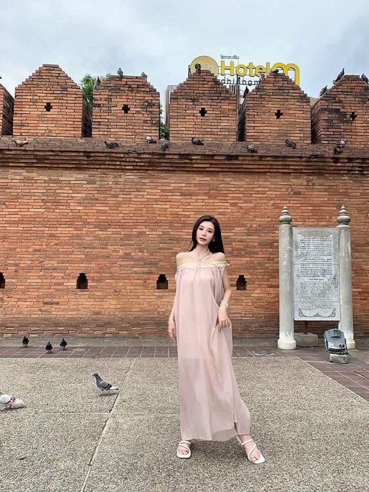 Off-Shoulder Sequin Panel Sheer Maxi Tunic Dress Product Image