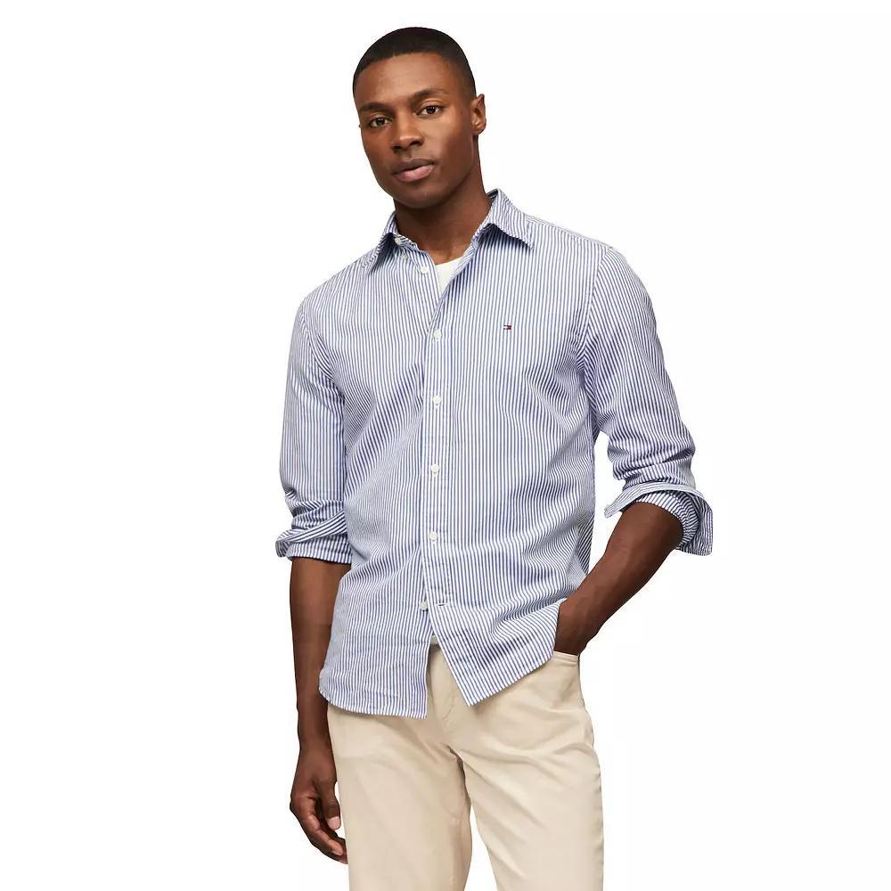 Men's Tommy Hilfiger Flex Poplin Stripe Long Sleeve Shirt, Size: XXL, Wedge Blue Stripe Product Image