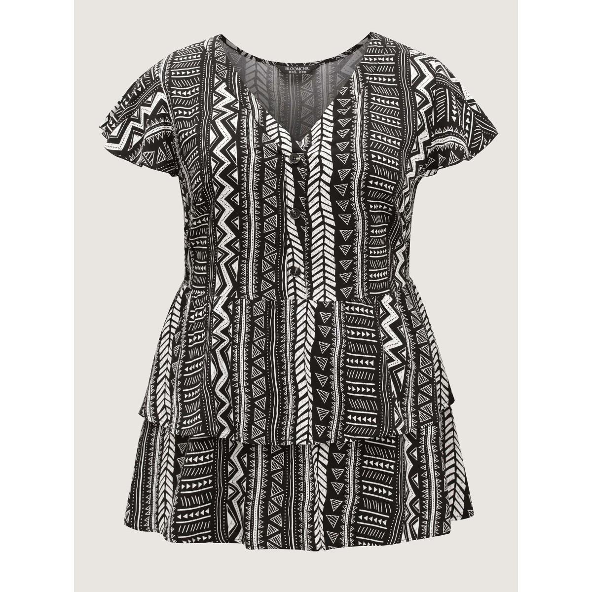 Plus Size Black Geometric Print Button Layered Blouse Women Short sleeve V-neck Vacation Blouses BloomChic 18-20/2X Product Image