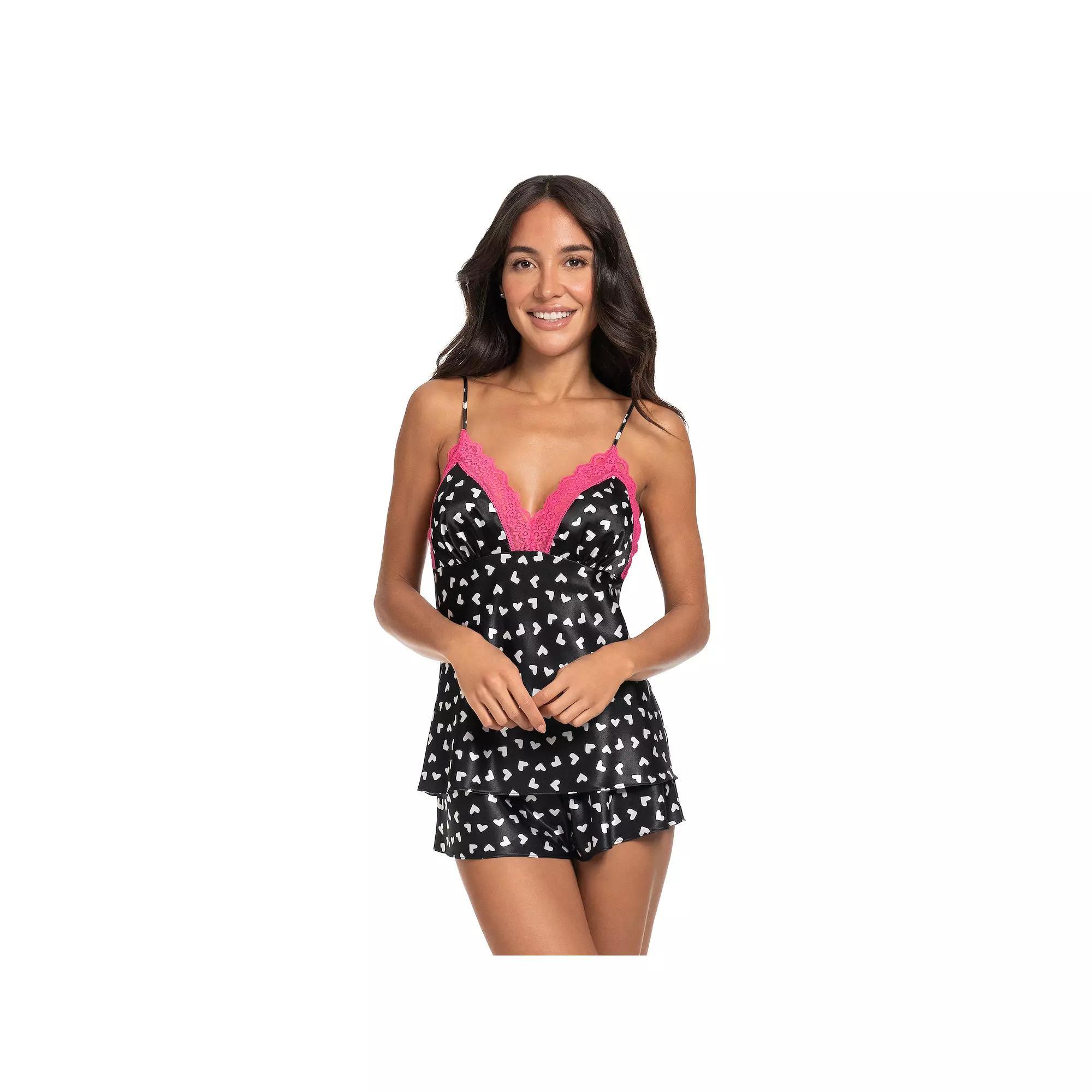 Women's Lilac+London 2-Piece Pajama Cami Top & Pajama Shorts Set, Size: Medium, Black Hearts Product Image