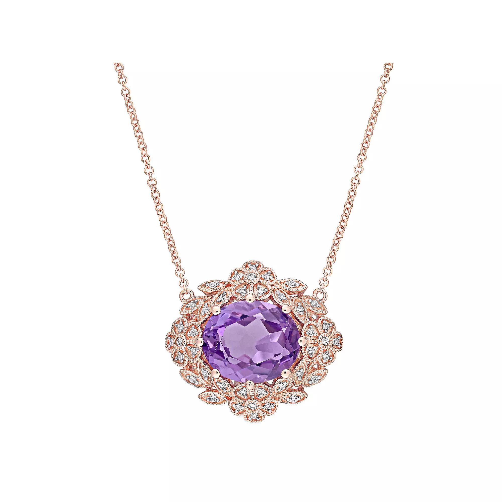 Stella Grace 14k Rose Gold Amethyst & 1/5 Carat T.W. Diamond Floral Vintage Frame Pendant Necklace, Women's, Size: 17" Product Image