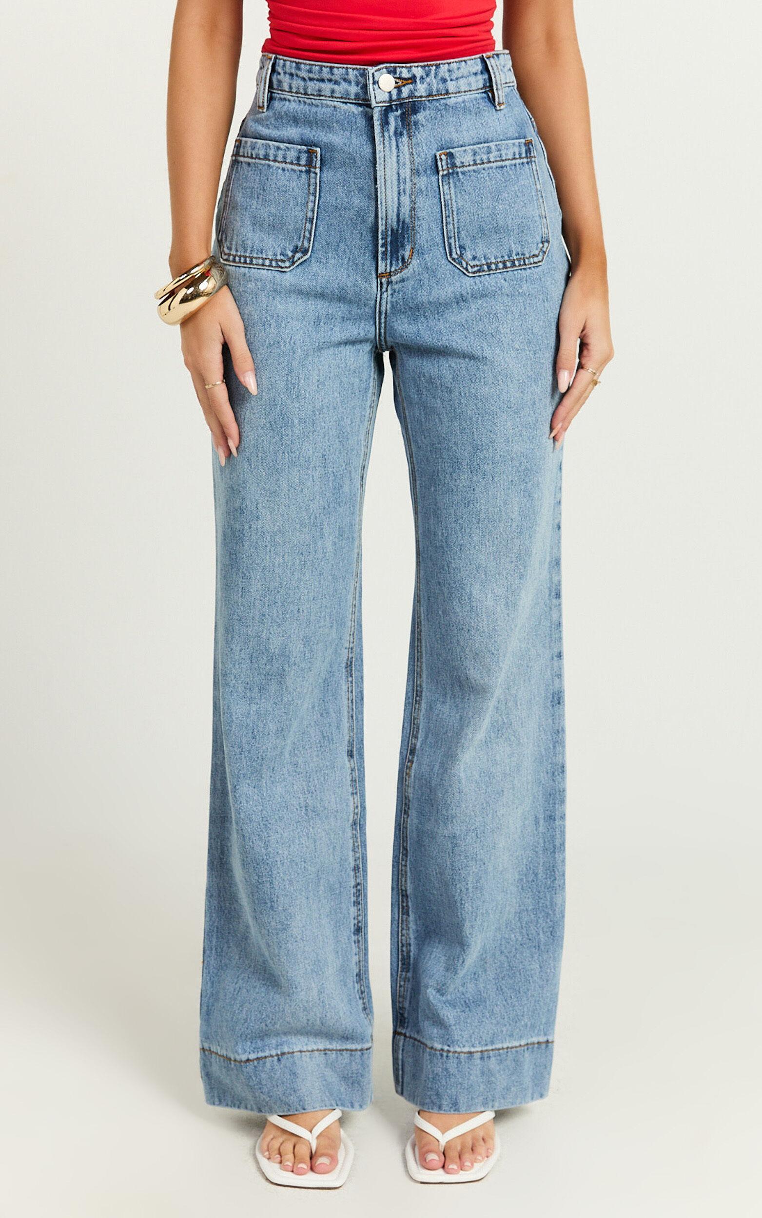 Vancouver Jeans - High Waist Straight Leg Patch Pocket Denim Jeans in Blue Wash Product Image