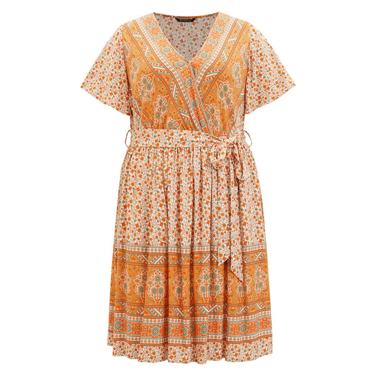 Plus Size Bandana Print Belted Pocket Flutter Surplice Neck Knee Dress Orange Women Vacation Pocket V-neck Short sleeve Curvy Knee Dress BloomChic 14-16/1X Product Image