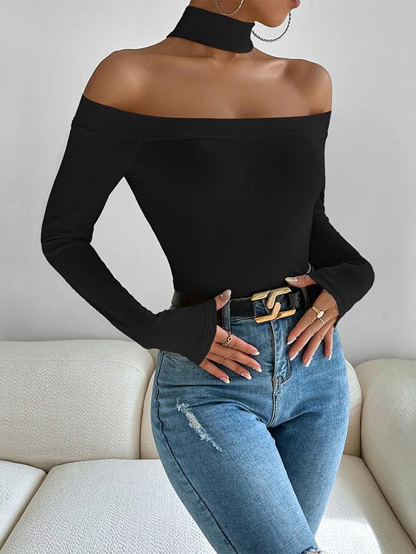 Long Sleeves Skinny Solid Color Off-The-Shoulder T-Shirts Tops Product Image