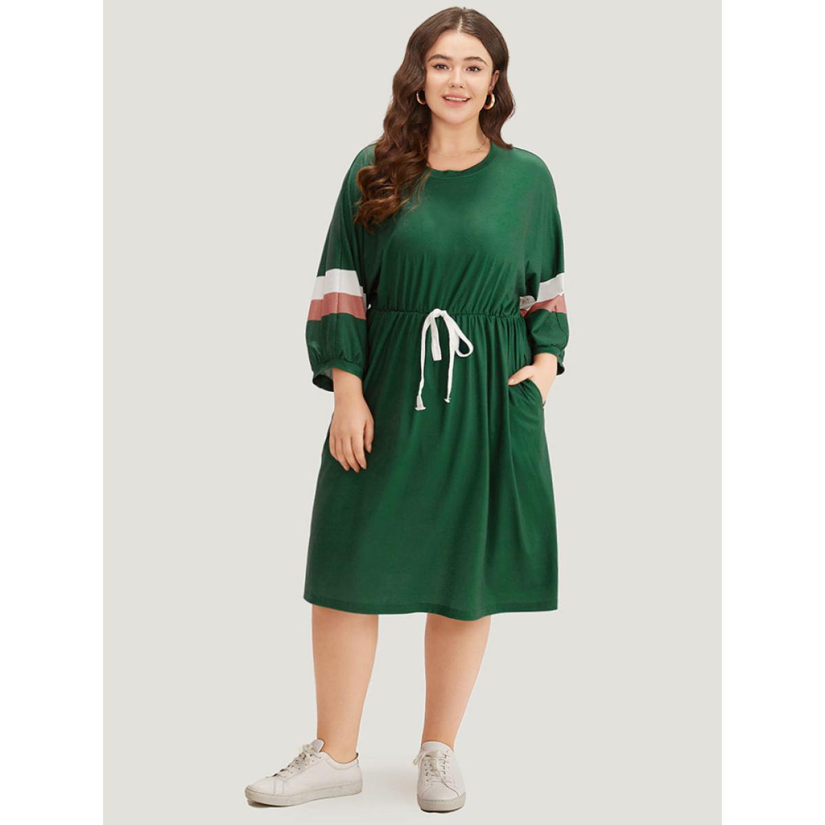 Plus Size Striped Contrast Pocket Bowknot Patchwork Dress DarkGreen Women Casual Cross straps Round Neck Elbow-length sleeve Curvy Midi Dress BloomChic 26/4X Product Image