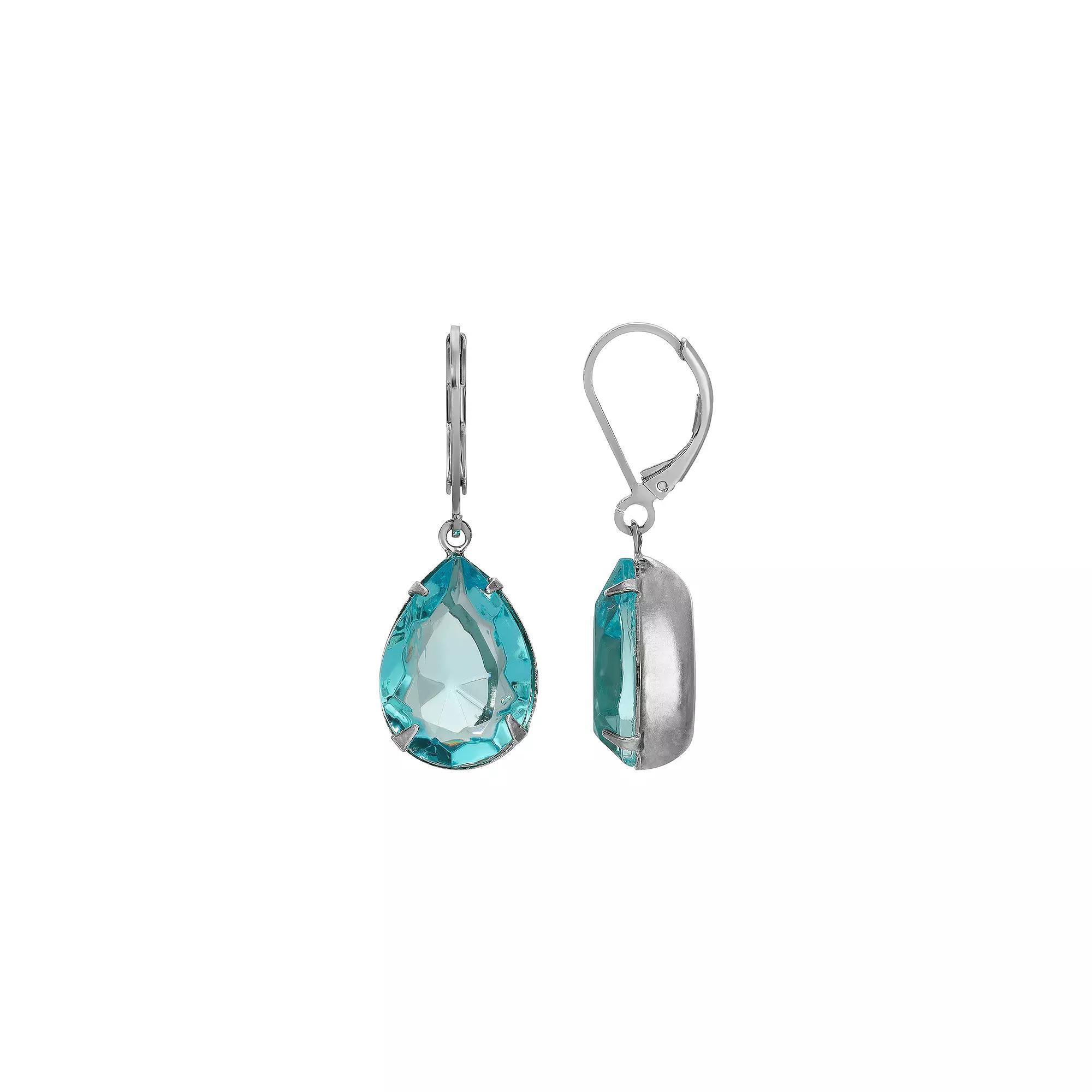 1928 Silver Tone Aqua Blue Crystal Pear Shaped Drop Earrings, Womens Product Image