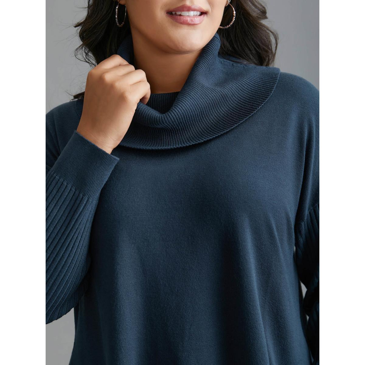 Plus Size Supersoft Essentials Textured Drop Shoulder Turtleneck Pullover Indigo Women Casual Loose Long Sleeve Turtleneck Everyday Pullovers BloomChic 22-24/3X Product Image