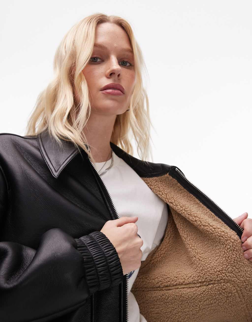 Topshop faux leather shearling bomber jacket in black Product Image