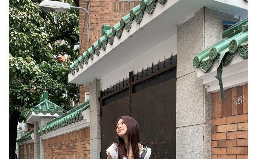 Puff-Sleeve V-neck Lace Trim Drawstring Crop Blouse / Mid Waist Plain Drawstring Wide Leg Pants Product Image