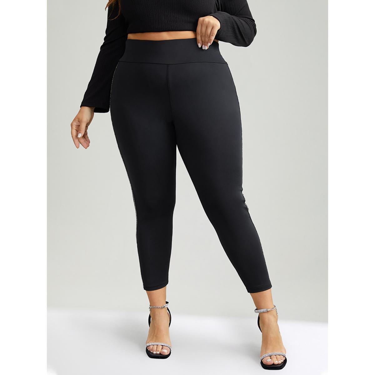 Plus Size Metal Chain Trim Mid Rise Leggings Women Black Casual Medium stretch Skinny Mid Rise Festival-Christmas Leggings BloomChic 12/L Product Image