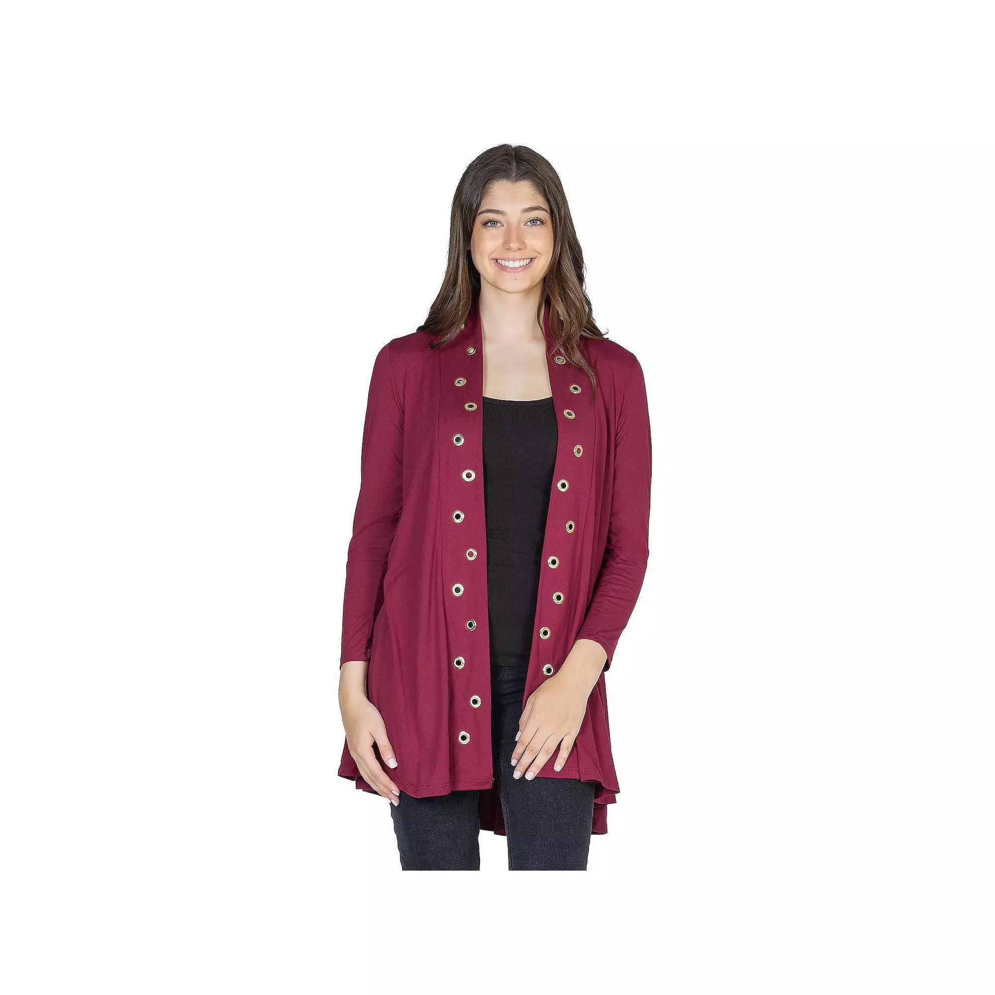 Women's 24Seven Comfort Apparel Mid Thigh Open Front Cardigan with Grommet Details, Size: Large, Red Product Image
