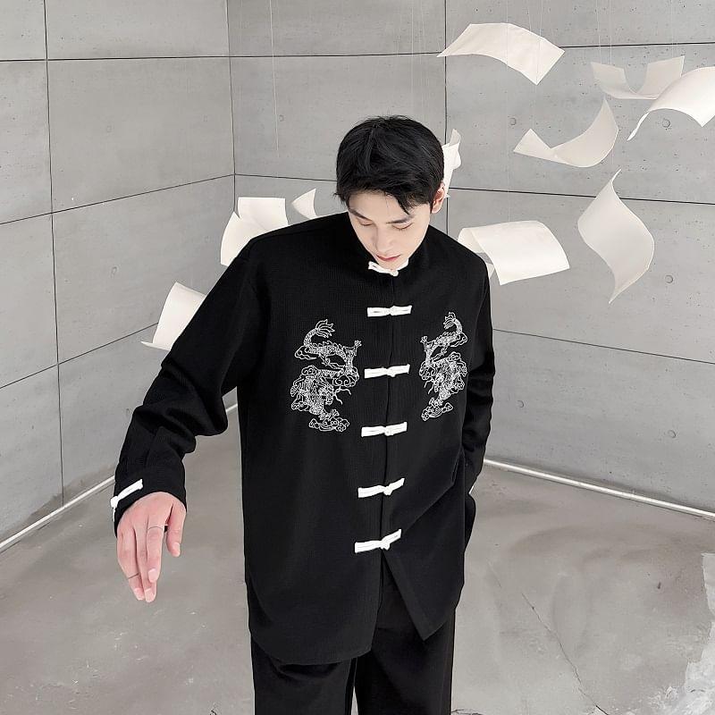 Long Sleeve Dragon Embroidered Tangzhuang Shirt Product Image