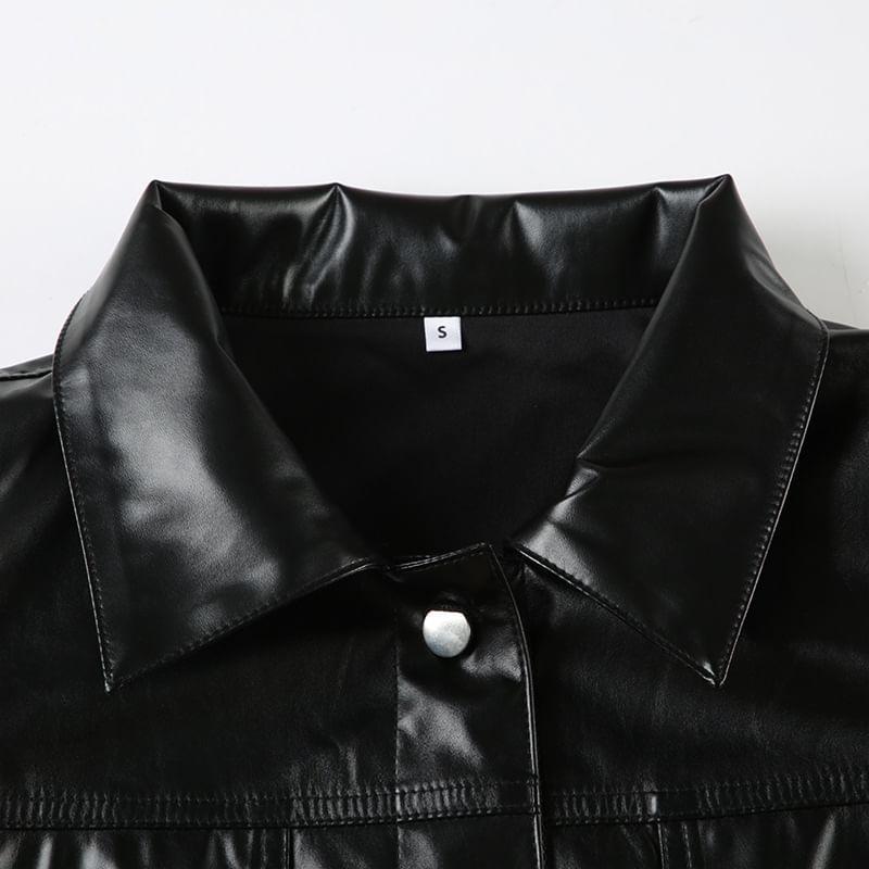 Collared Plain Button-Up Faux Leather Crop Jacket Product Image
