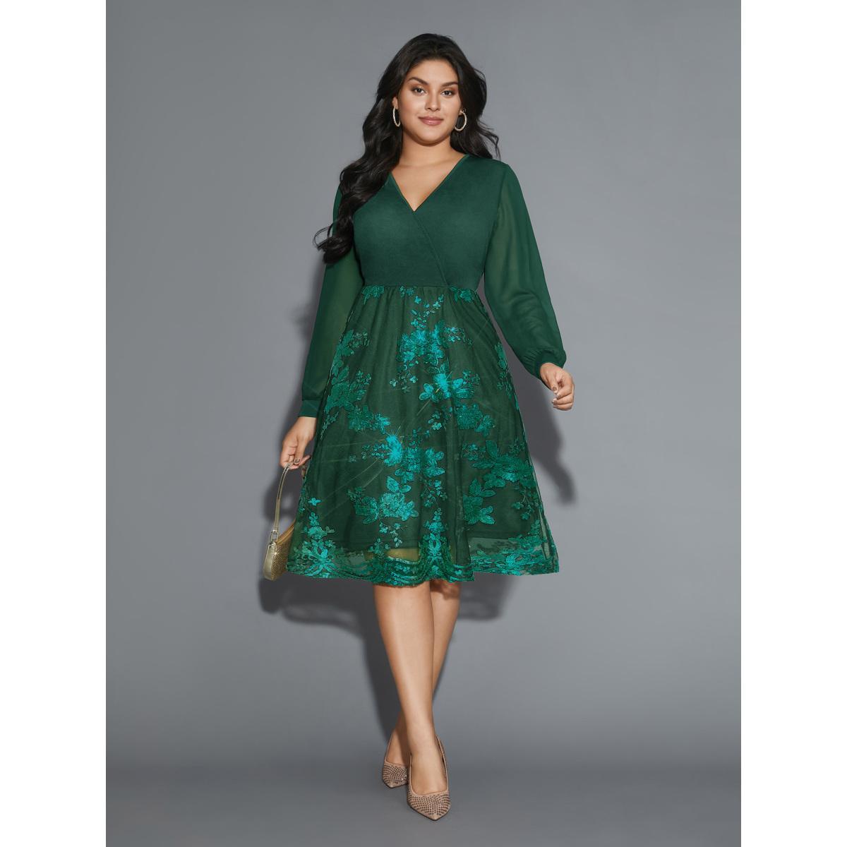 Plus Size Sequin Overlap Collar Sheer Sleeve Lined Dress DarkGreen Women Cocktail Texture Party Curvy Bloomchic 12/L Product Image