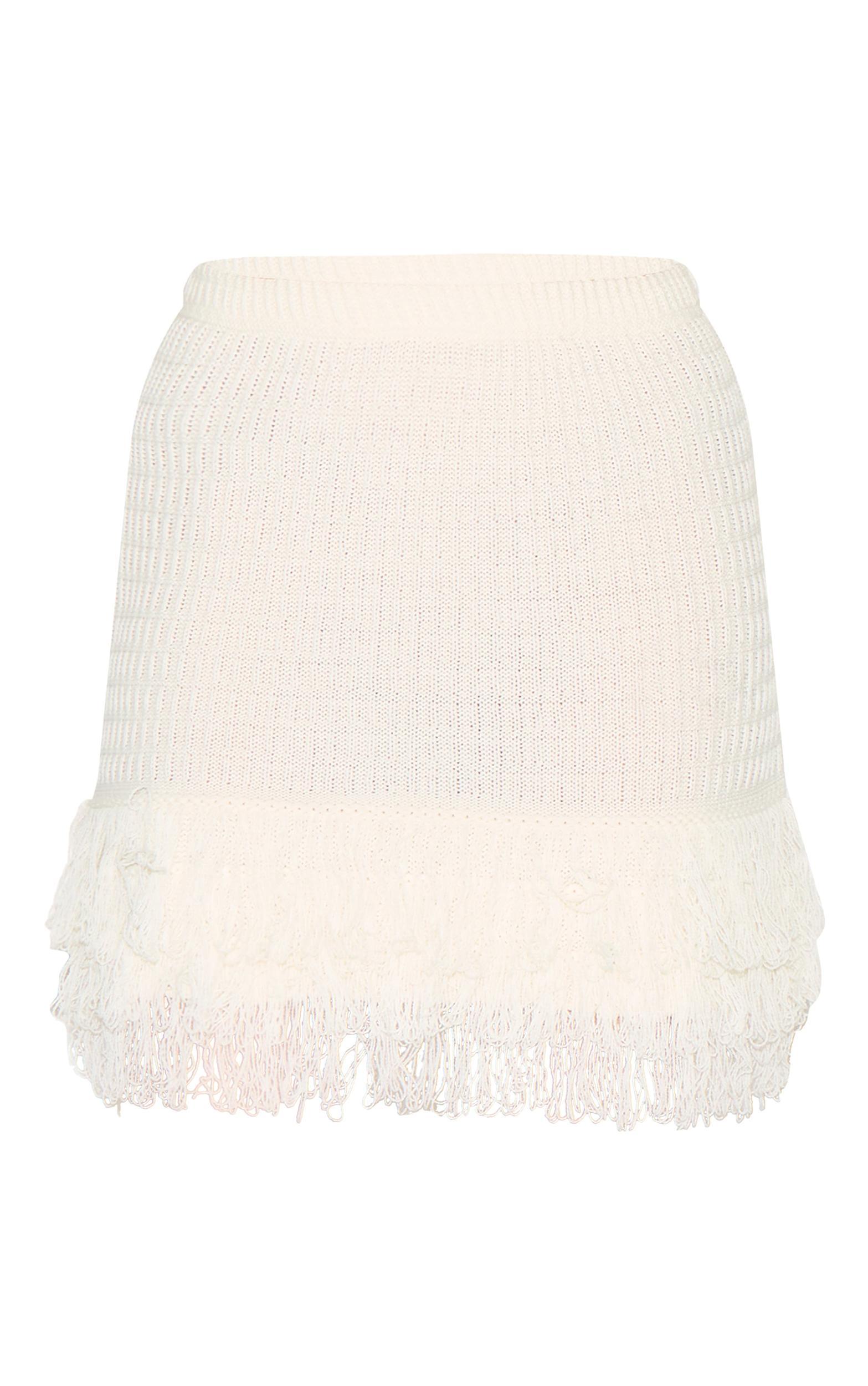 Petite Cream Rib Fringe Hem Knit Skirt Product Image