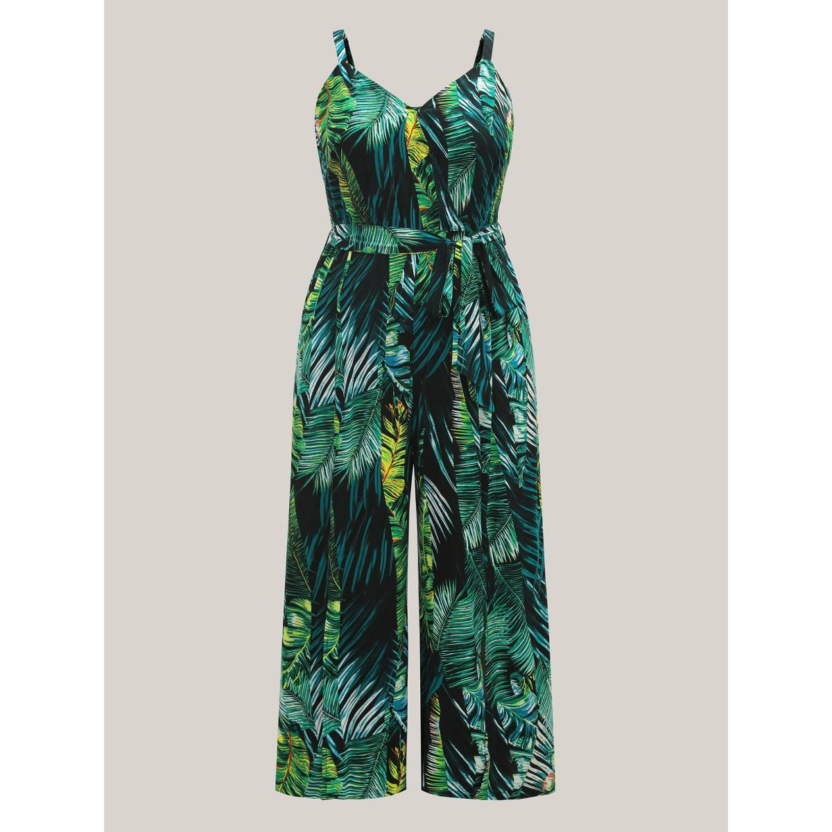 Plus Size BlackFlower Tropical Leaf Print Stretchy Belted Slit Jumpsuit Women Resort Sleeveless Overlap Collar Vacation Loose Jumpsuits BloomChic 26/4X Product Image
