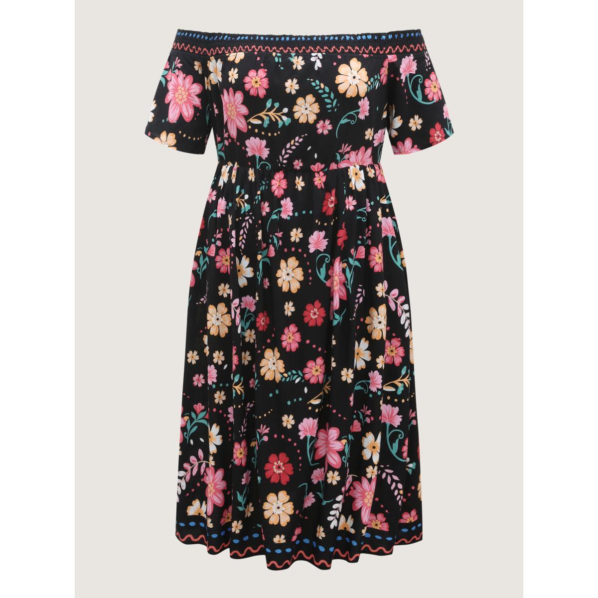 Plus Size Rayon Floral Shirred Off-Shoulder Midi Dress Black Women One-shoulder neck Short sleeve Curvy BloomChic 18-20/2X Product Image