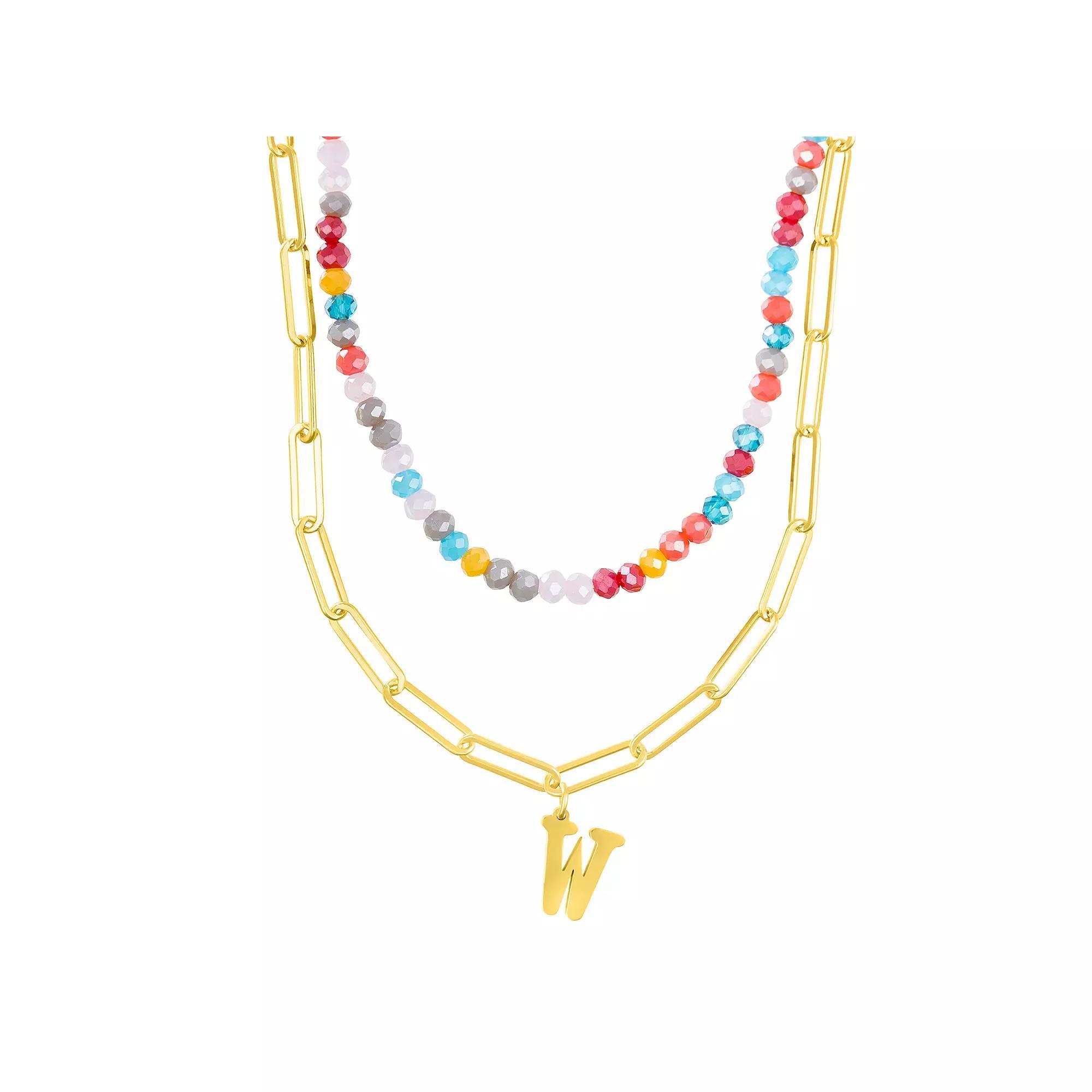 Adornia Gold Tone Adjustable Layered Color Simulated Stone Beads & Paperclip Chain Initial Necklace, Women's, Size: 15-18" ADJ, Gold Tone C Product Image