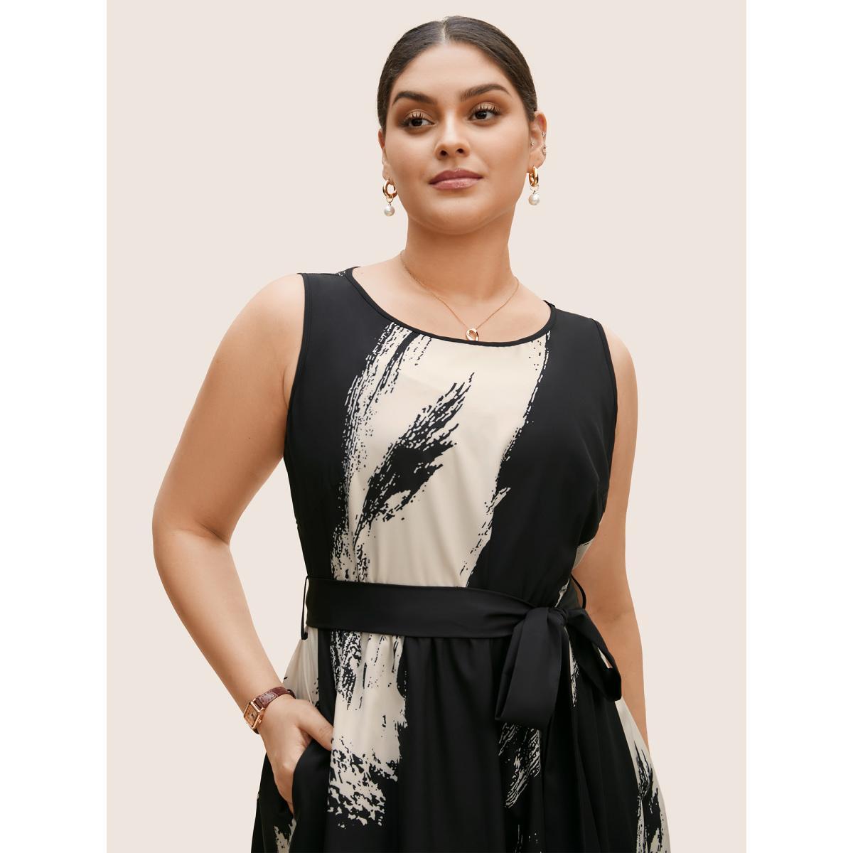 Plus Size Marble Print Sleeveless Belted Midi Dress Black Women At the Office Belted Round Neck Sleeveless Curvy BloomChic 30/6X Product Image