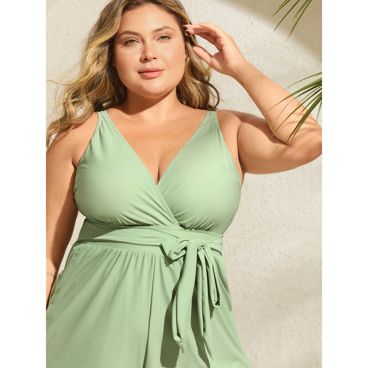 Plus Size Surplice Neckline Belted Plain One-Piece Swimsuit Women's Swimwear Greenbean Beach Tie knot Curve Bathing Suits High stretch One Pieces BloomChic 22-24/3X Product Image