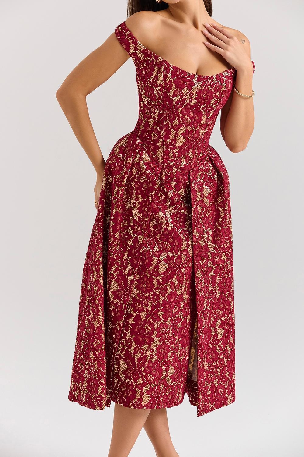 Charming Gold and Berry Lace Midi Off Shoulder Dress Product Image