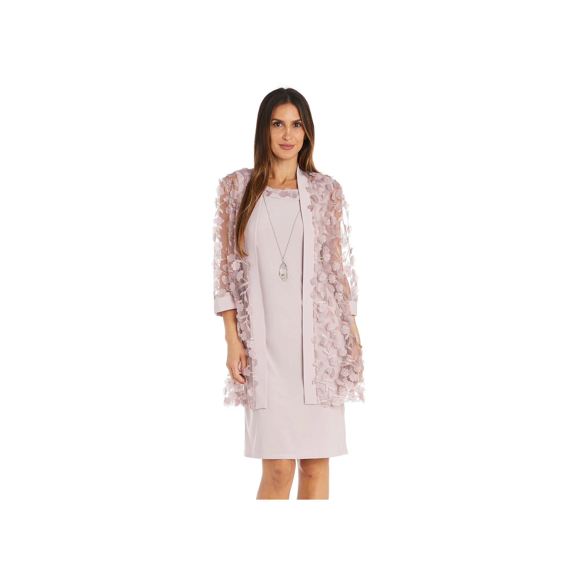 Petite R&M Richards 2-Piece 3D Floral Jacket & Jersey Tank Dress with Detachable Necklace, Womens Pink Product Image