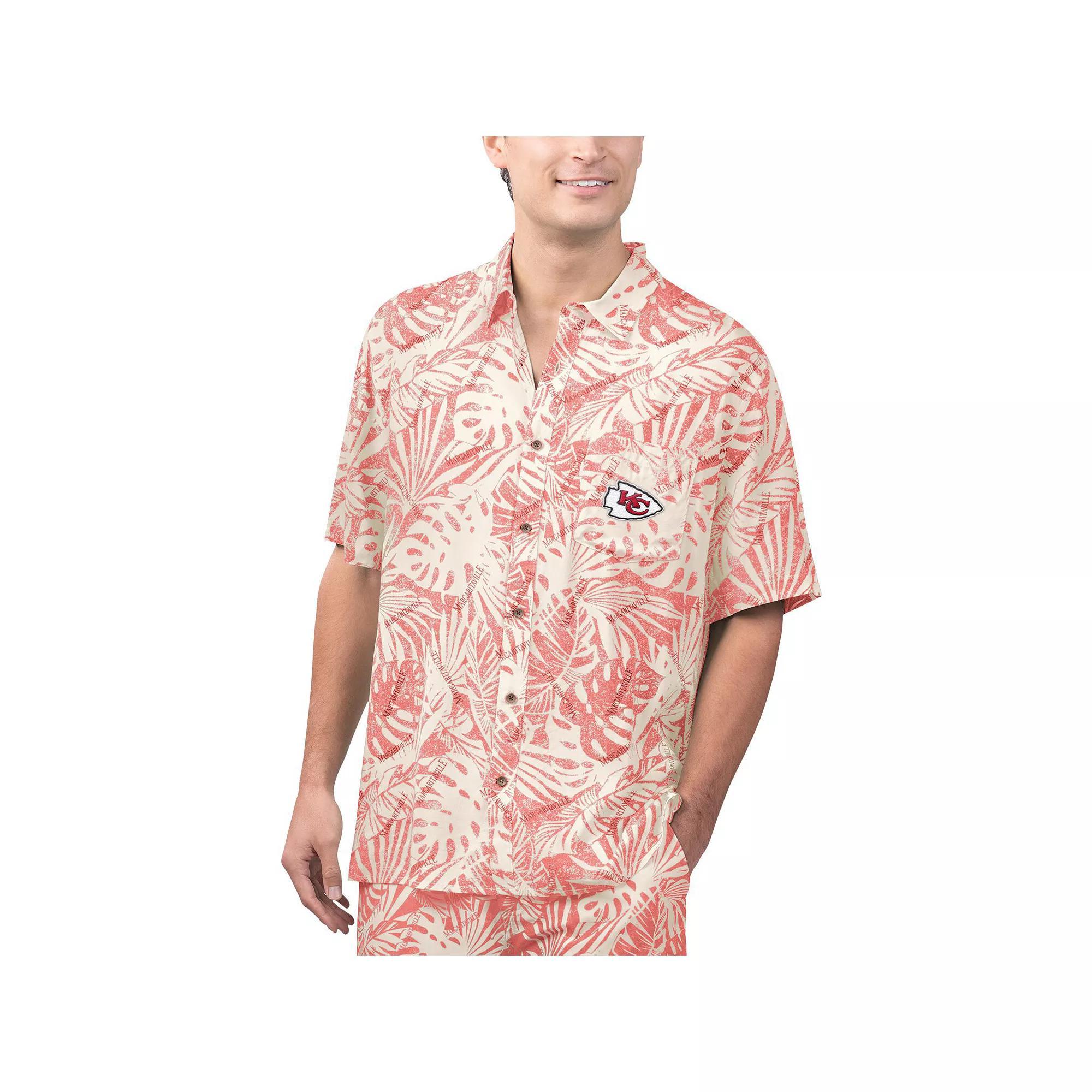 Men's Margaritaville Tan San Francisco 49ers Sand Washed Monstera Print Party Button-Up Shirt, Size: Large, Team Product Image