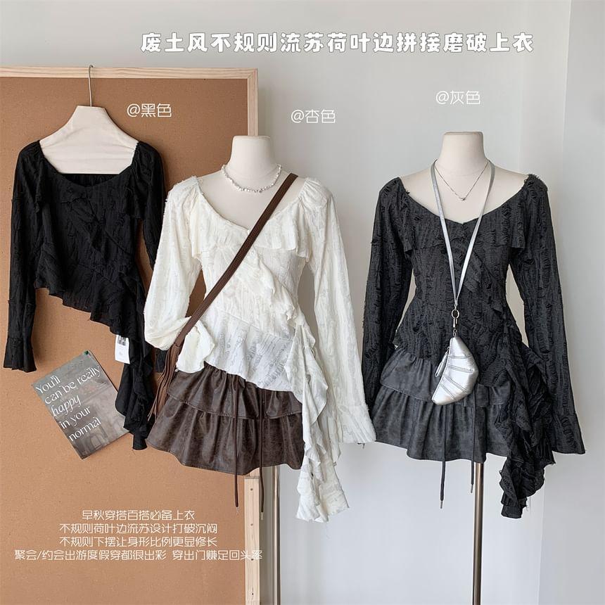 Long-Sleeve Scoop Neck Plain Ruffle Trim Asymmetrical Top Product Image