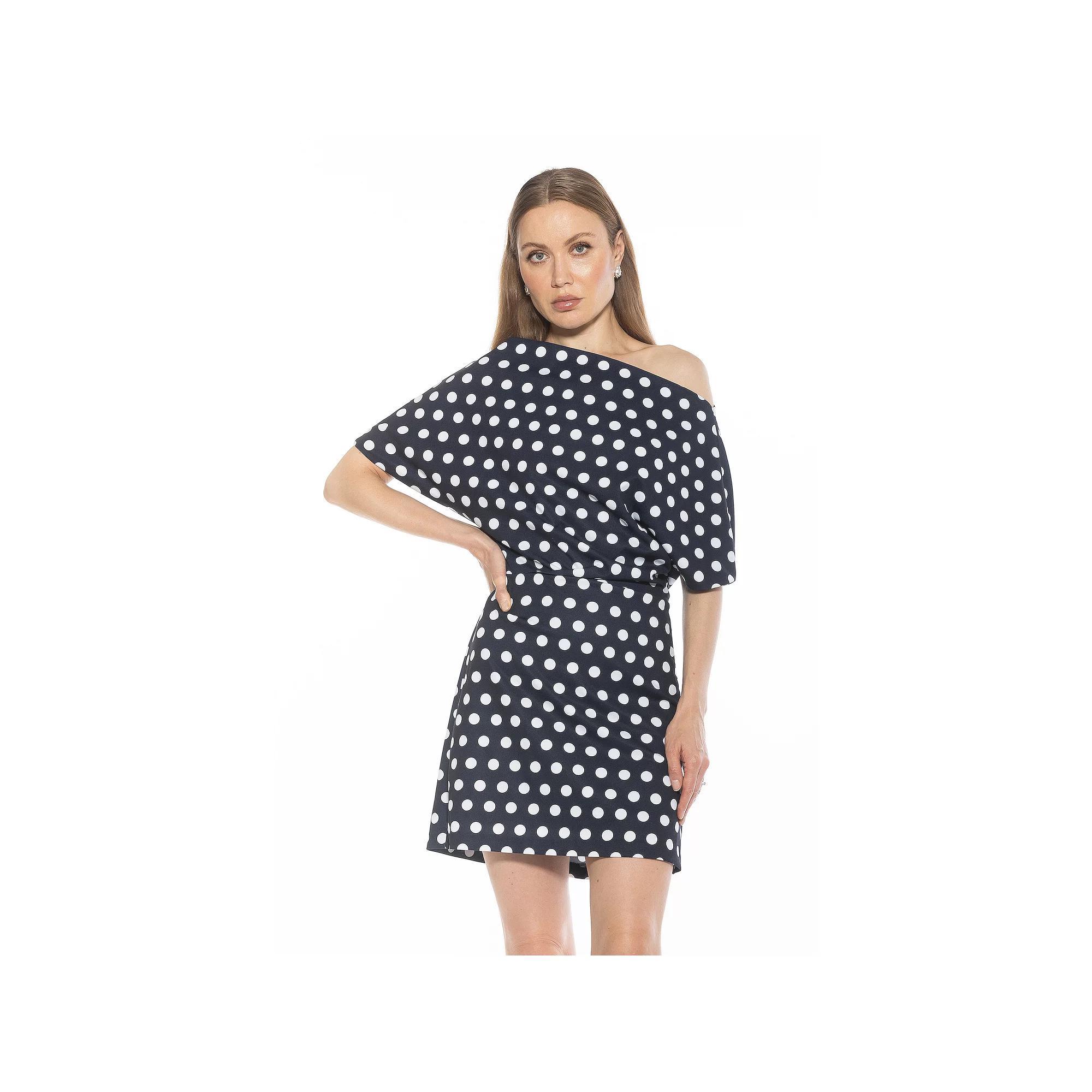 Women's ALEXIA ADMOR Draped Shoulder Mini A-Line Dress, Size: Large, Blue Polka Dot Product Image