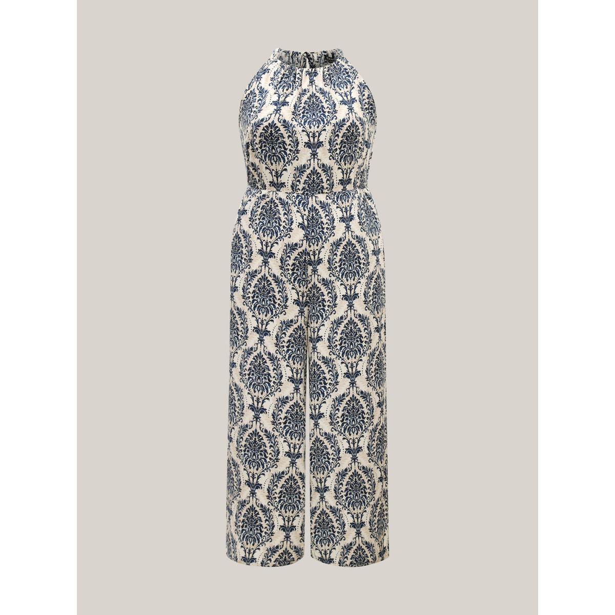 Plus Size DarkBlue Rayon Damask Print Stretchy Waist Jumpsuit Women Sleeveless Halter neck Vacation Loose Jumpsuits BloomChic 12/L Product Image