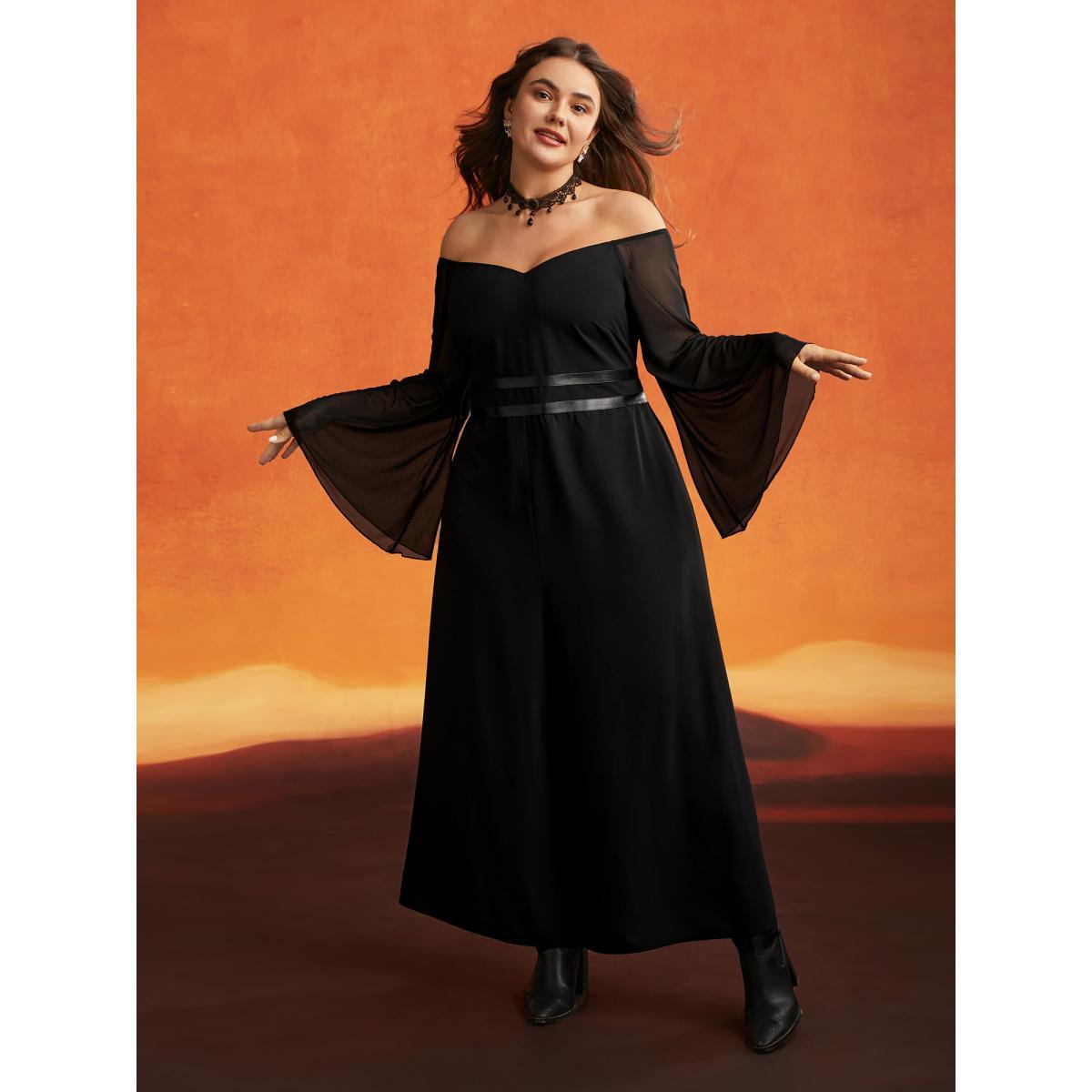 Plus Size Black Wicked Witch Leather Belt Off-Shoulder Jumpsuit Women Cocktail Extra Long Sleeve One-shoulder neck Party Loose Jumpsuits BloomChic 10/M Product Image