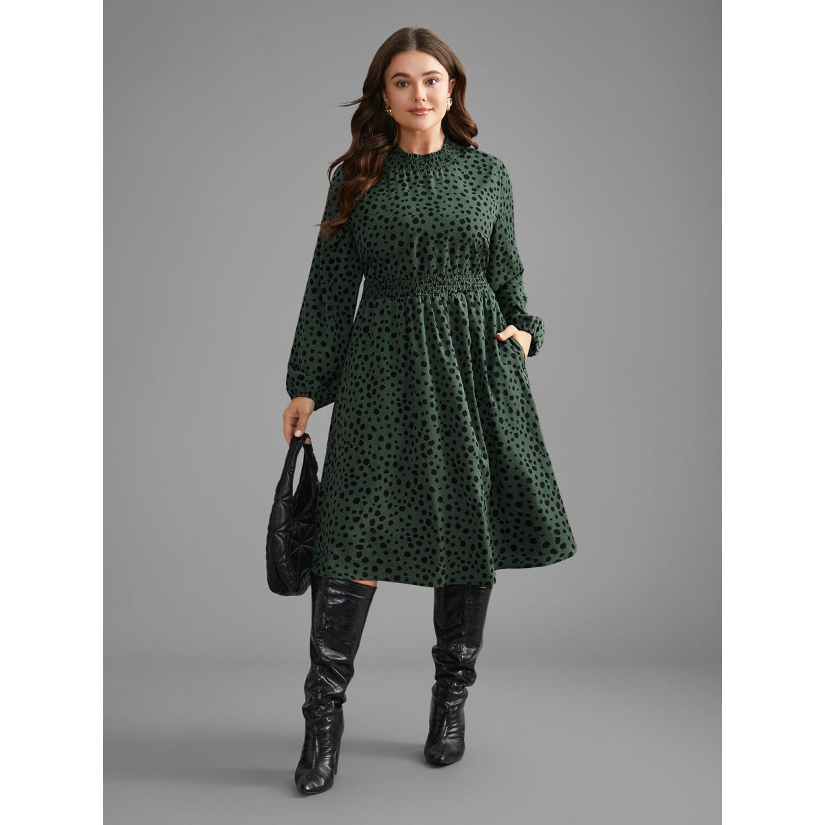 Plus Size Polka Dot Shirred Frill Trim Dress DarkGreen Women At the Office Frill Trim Mock Neck Long Sleeve Curvy BloomChic 26/4X Product Image