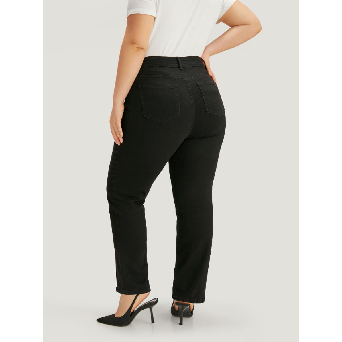 Plus Size Solid High Rise Black Wash Jeans Women Black Casual Plain Plain High stretch Pocket Jeans BloomChic 26/4X Product Image
