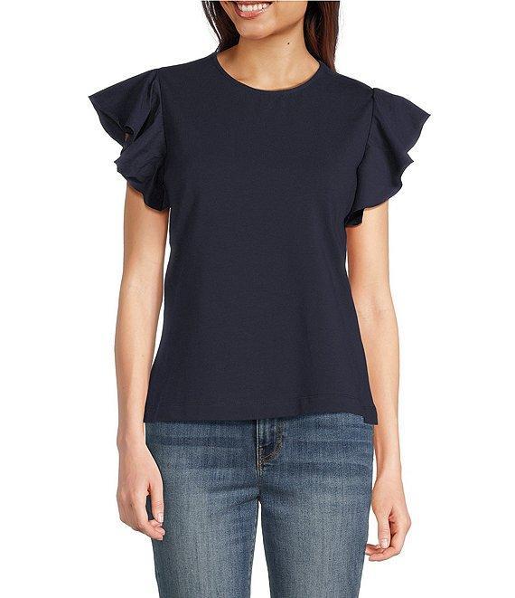 Calessa Petite Size Round Neck Ruffled Short Sleeve Knit Top Product Image