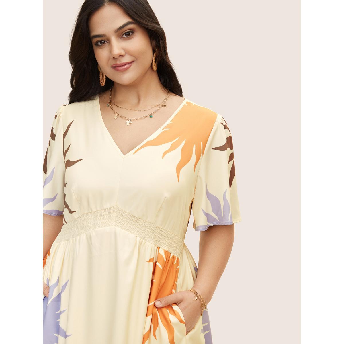 Plus Size Sun Print Shirred Ruffle Sleeve Dress WhiteSmoke Women Resort Shirred V-neck Short sleeve Curvy BloomChic 22-24/3X Product Image