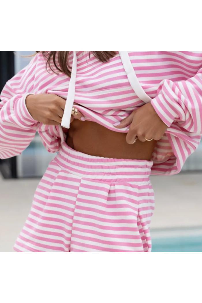 PINK STRIPE HOODIE AND WIDE LEG SHORT SET Product Image