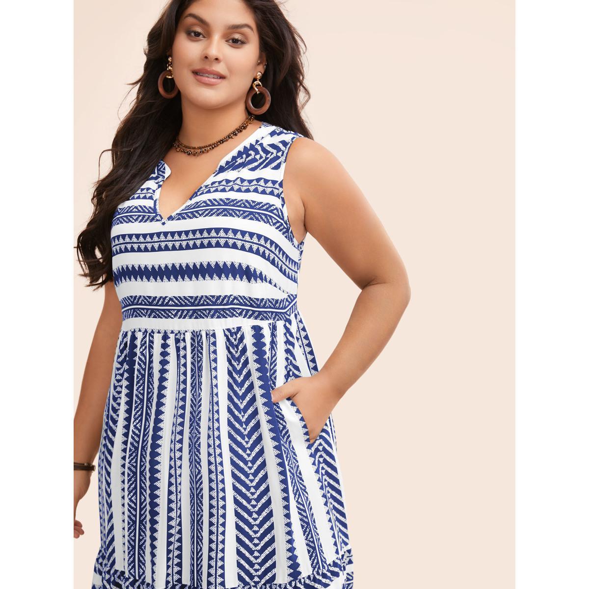 Plus Size Striped Geometric Pocket Ruffle Hem Sleeveless Tank Dress Blue Women Casual Non V-neck Sleeveless Curvy BloomChic 28/5X Product Image