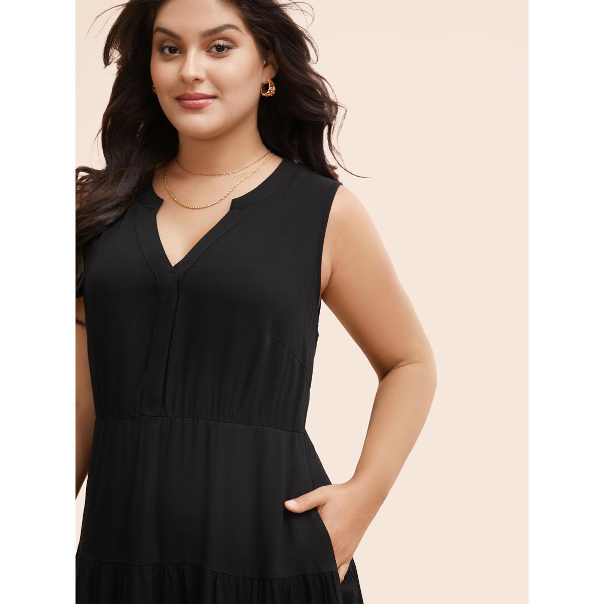Plus Size Supersoft Essentials Notched Ruffle Layered Hem Sleeveless Dress Black Women Elegant Gathered V-neck Sleeveless Curvy Midi Dress BloomChic 12/L Product Image