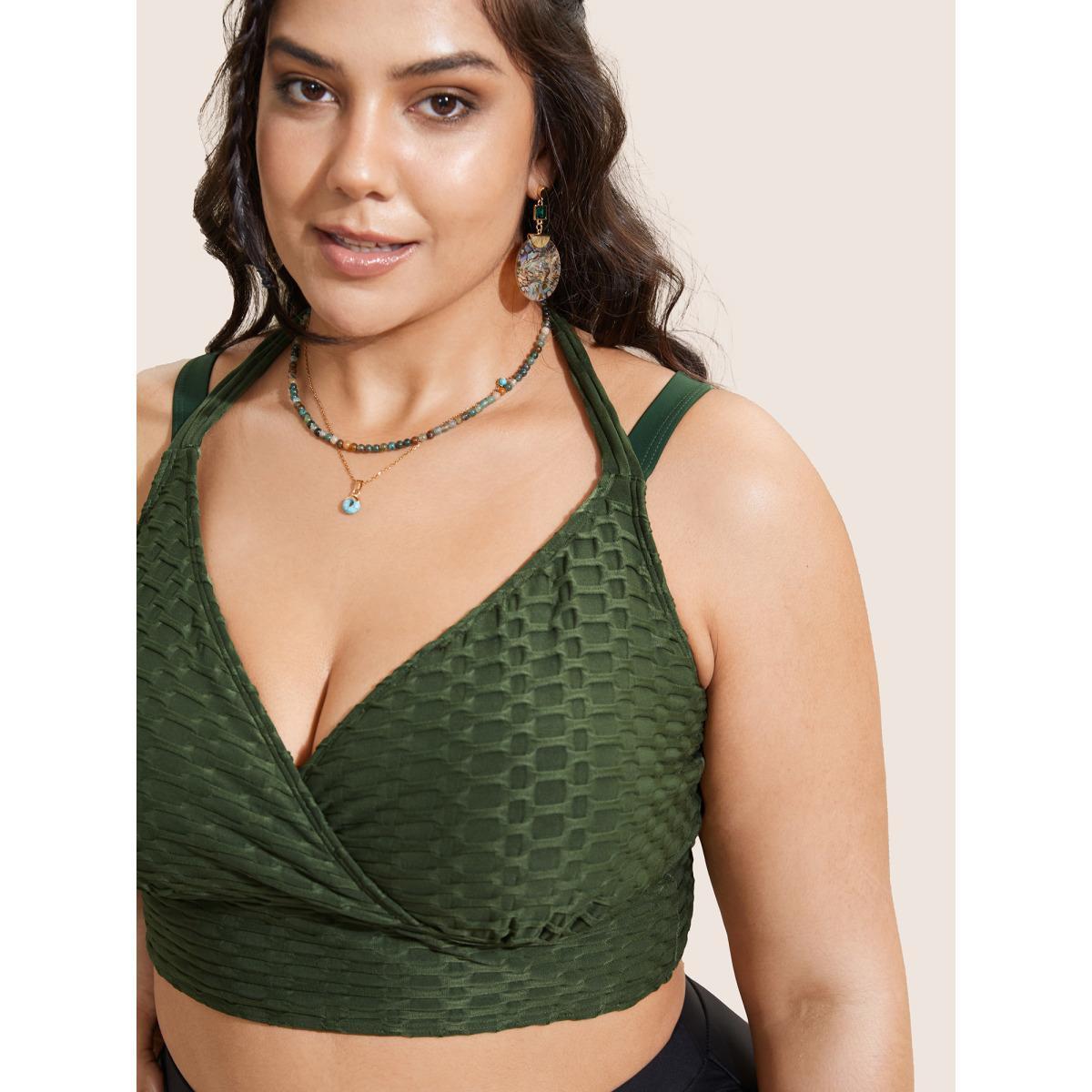 Plus Size Plain Textured Wrap Tie Knot Swim Top Women's Swimwear ArmyGreen Beach Tie knot High stretch Skinny Overlap Collar Curve Swim Tops BloomChic 18-20/2X Product Image