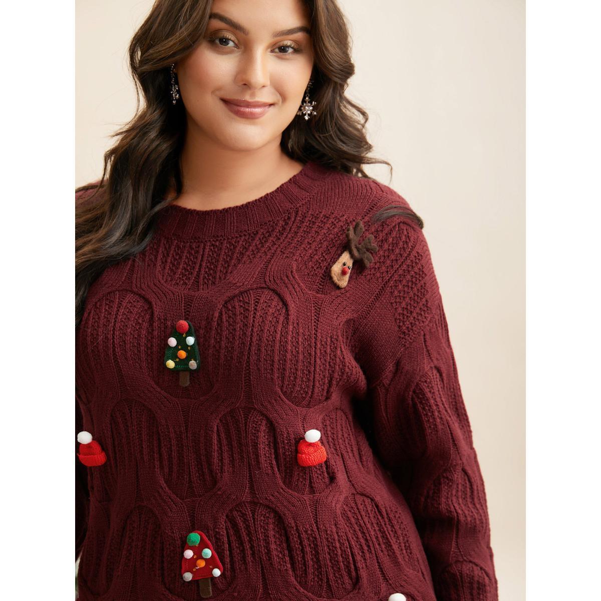Plus Size Tis The Season Motifs Cable Knit Pullover Scarlet Women Casual Loose Long Sleeve Round Neck Everyday Pullovers BloomChic 14-16/1X Product Image