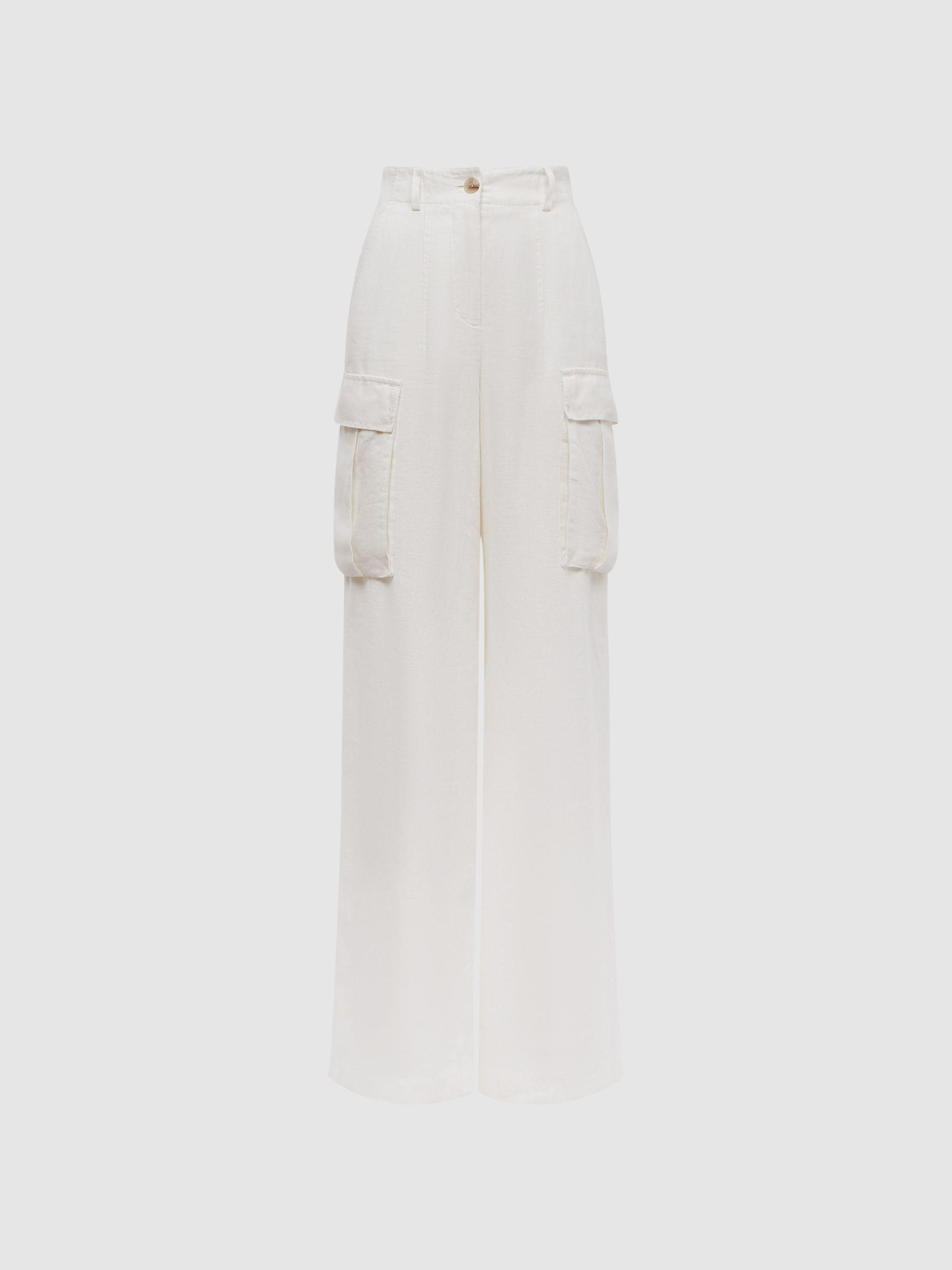 Linen Wide Leg Trousers in White Product Image